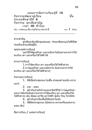 แผนการจัดการเรียนรู้ที่ 10
กิจกรรมพัฒนาผู้เรียน ชั้น
ประถมศึกษาปีที่ 6
กิจกรรม ลูกเสือสามัญ
เวลา 40 ชั่วโมง
เรื่อง การพึ่งตนเอง (การใช้/ดูรักษาเครื่องใช้ ) เวลา 1 ชั่วโมง
สาระสำาคัญ
ลูกเสือจะต้องรู้จักดูแลตนเอง ช่วยเหลือตนเองให้ดีที่สุด
ก่อนที่จะช่วยเหลือผู้อื่น
จุดประสงค์การเรียนรู้
บอกวิธีใช้ดูแลรักษา และระมัดระวังอันตรายจากการใช้
ตะเกียง เตา และเครื่องใช้ไฟฟ้าได้
สาระการเรียนรู้
1.การใช้ตะเกียง เตา และเครื่องใช้ไฟฟ้าต่างๆ
2.การดูแลรักษา และระมัดระวัง อันตรายจาการใช้
ตะเกียง เตา และเครื่องใช้ไฟฟ้าต่างๆ
กิจกรรมการเรียนรู้
1. พิธีเปิดประชุมกอง (ธงขึ้น สวดมนต์ สงบนิ่ง ตรวจ
แยก)
2. เกม – เพลง
3. ผู้กำากับนำาอภิปรายและสาธิตวิธีใช้ การดูแลรักษา
และการป้องกันอันตรายจากการใช้ตะเกียง เตา และเครื่องใช้
ไฟฟ้าต่างๆ เช่น พัดลม เตารีด เตาไฟฟ้า ตู้เย็น วิทยุ โทรทัศน์
4. ผู้กำากับเล่าเรื่องสั้นที่เป็นประโยชน์
5. พิธีปิดประชุมกอง (นัดหมาย ตรวจเครื่องแต่งกาย
ธงลง เลิก)
สื่อการเรียน / แหล่งการเรียนรู้
98
 