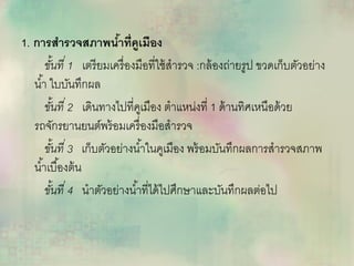 1. การสารวจสภาพน้าที่คูเมือง
ขั้นที่ 1 เตรียมเครื่องมือที่ใช้สารวจ :กล้องถ่ายรูป ขวดเก็บตัวอย่าง
น้า ใบบันทึกผล
ขั้นที่ 2 เดินทางไปที่คูเมือง ตาแหน่งที่ 1 ด้านทิศเหนือด้วย
รถจักรยานยนต์พร้อมเครื่องมือสารวจ
ขั้นที่ 3 เก็บตัวอย่างน้าในคูเมือง พร้อมบันทึกผลการสารวจสภาพ
น้าเบื้องต้น
ขั้นที่ 4 นาตัวอย่างน้าที่ได้ไปศึกษาและบันทึกผลต่อไป
 