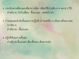 4. ประเมินทางเลือกและเลือกทางเลือก (เลือกวิธีการเดิน ทาง หลาย ๆ วิธี)
คาอธิบาย -ไปกับเพื่อน - ขึ้นรถแดง - ขอพ่อไป ส่ง
5. กาหนดและลาดับขั้นตอนการปฏิบัติ (กาหนดวิธีการ เดินทางที่เหมาะสม
จากข้อ 4)
คาอธิบาย – ขึ้นรถแดง
6. ปฏิบัติด้วยความชื่นชม
คาอธิบาย ขึ้นรถแดง เลือกซื้อของ เดินทางกลับ
 