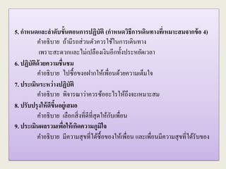 5. กาหนดและลาดับขั้นตอนการปฏิบัติ (กาหนดวิธีการเดินทางที่เหมาะสมจากข้อ 4)
คาอธิบาย ถ้ามีรถส่วนตัวควรใช้ในการเดินทาง
เพราะสะดวกและไม่เปลืองเงินอีกทั้งประหยัดเวลา
6. ปฏิบัติด้วยความชื่นชม
คาอธิบาย ไปซื้อขงอฝากให้เพื่อนด้วยความเต็มใจ
7. ประเมินระหว่างปฏิบัติ
คาอธิบาย พิจารณาว่าควรซ้ออะไรให้ถึงจะเหมาะสม
8. ปรับปรุงให้ดีขึ้นอยู่เสมอ
คาอธิบาย เลือกสิ่งที่ดีที่สุดให้กับเพื่อน
9. ประเมินผลรวมเพื่อให้เกิดความภูมิใจ
คาอธิบาย มีความสุขที่ได้ซื้อของให้เพื่อน และเพื่อนมีความสุขที่ได้รับของ
 