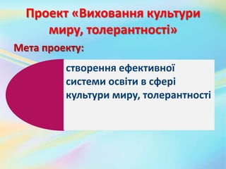 Проект «Виховання культури
миру, толерантності»
Мета проекту:
створення ефективної
системи освіти в сфері
культури миру, толерантності
 