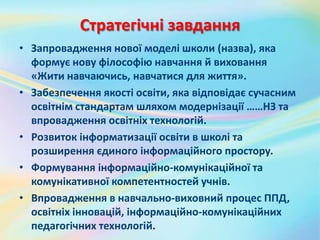 Стратегічні завдання
• Запровадження нової моделі школи (назва), яка
формує нову філософію навчання й виховання
«Жити навчаючись, навчатися для життя».
• Забезпечення якості освіти, яка відповідає сучасним
освітнім стандартам шляхом модернізації ……НЗ та
впровадження освітніх технологій.
• Розвиток інформатизації освіти в школі та
розширення єдиного інформаційного простору.
• Формування інформаційно-комунікаційної та
комунікативної компетентностей учнів.
• Впровадження в навчально-виховний процес ППД,
освітніх інновацій, інформаційно-комунікаційних
педагогічних технологій.
 