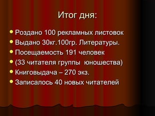 Итог дня:Итог дня:
Роздано 100 рекламных листовокРоздано 100 рекламных листовок
Выдано 30кг.100гр. Литературы.Выдано 30кг.100гр. Литературы.
Посещаемость 191 человекПосещаемость 191 человек
(33 читателя группы юношества)(33 читателя группы юношества)
Книговыдача – 270 экз.Книговыдача – 270 экз.
Записалось 40 новых читателейЗаписалось 40 новых читателей
 