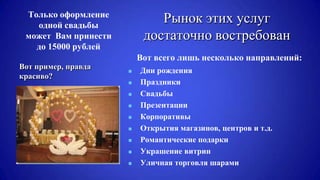 Только оформление
одной свадьбы
может Вам принести
до 15000 рублей
Рынок этих услуг
достаточно востребован
Вот всего лишь несколько направлений:
 Дни рождения
 Праздники
 Свадьбы
 Презентации
 Корпоративы
 Открытия магазинов, центров и т.д.
 Романтические подарки
 Украшение витрин
 Уличная торговля шарами
Вот пример, правда
красиво?
 