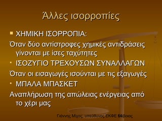 Γιάννης Μίχας, υπεύθυνος ΕΚΦΕ Εύβοιας54
Άλλες ισορροπίεςΆλλες ισορροπίες
 ΧΗΜΙΚΗ ΙΣΟΡΡΟΠΙΑ:ΧΗΜΙΚΗ ΙΣΟΡΡΟΠΙΑ:
Όταν δύο αντίστροφες χημικές αντιδράσειςΌταν δύο αντίστροφες χημικές αντιδράσεις
γίνονται με ίσες ταχύτητεςγίνονται με ίσες ταχύτητες
 ΙΣΟΖΥΓΙΟ ΤΡΕΧΟΥΣΩΝ ΣΥΝΑΛΛΑΓΩΝΙΣΟΖΥΓΙΟ ΤΡΕΧΟΥΣΩΝ ΣΥΝΑΛΛΑΓΩΝ
Όταν οι εισαγωγές ισούνται με τις εξαγωγέςΌταν οι εισαγωγές ισούνται με τις εξαγωγές
 ΜΠΑΛΑ ΜΠΑΣΚΕΤΜΠΑΛΑ ΜΠΑΣΚΕΤ
Αναπλήρωση της απώλειας ενέργειας απόΑναπλήρωση της απώλειας ενέργειας από
το χέρι μαςτο χέρι μας
 