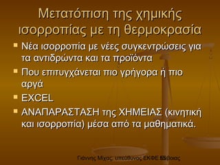 Γιάννης Μίχας, υπεύθυνος ΕΚΦΕ Εύβοιας55
Μετατόπιση της χημικήςΜετατόπιση της χημικής
ισορροπίας με τη θερμοκρασίαισορροπίας με τη θερμοκρασία
 Νέα ισορροπία με νέες συγκεντρώσεις γιαΝέα ισορροπία με νέες συγκεντρώσεις για
τα αντιδρώντα και τα προϊόντατα αντιδρώντα και τα προϊόντα
 Που επιτυγχάνεται πιο γρήγορα ή πιοΠου επιτυγχάνεται πιο γρήγορα ή πιο
αργάαργά
 EXCELEXCEL
 ΑΝΑΠΑΡΑΣΤΑΣΗ της ΧΗΜΕΙΑΣ (κινητικήΑΝΑΠΑΡΑΣΤΑΣΗ της ΧΗΜΕΙΑΣ (κινητική
και ισορροπία) μέσα από τα μαθηματικά.και ισορροπία) μέσα από τα μαθηματικά.
 