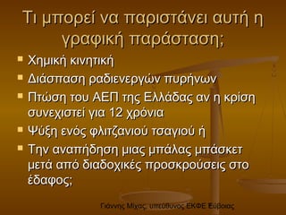 Γιάννης Μίχας, υπεύθυνος ΕΚΦΕ Εύβοιας7
Τι μπορεί να παριστάνει αυτή ηΤι μπορεί να παριστάνει αυτή η
γραφική παράσταση;γραφική παράσταση;
 Χημική κινητικήΧημική κινητική
 Διάσπαση ραδιενεργών πυρήνωνΔιάσπαση ραδιενεργών πυρήνων
 Πτώση του ΑΕΠ της Ελλάδας αν η κρίσηΠτώση του ΑΕΠ της Ελλάδας αν η κρίση
συνεχιστεί για 12 χρόνιασυνεχιστεί για 12 χρόνια
 Ψύξη ενός φλιτζανιού τσαγιού ήΨύξη ενός φλιτζανιού τσαγιού ή
 Την αναπήδηση μιας μπάλας μπάσκετΤην αναπήδηση μιας μπάλας μπάσκετ
μετά από διαδοχικές προσκρούσεις στομετά από διαδοχικές προσκρούσεις στο
έδαφος;έδαφος;
 