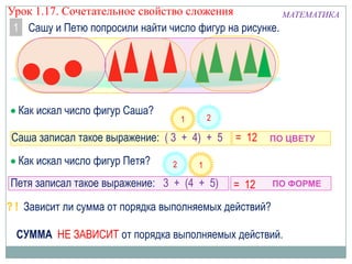 Петя записал такое выражение: 3 + (4 + 5)
Сашу и Петю попросили найти число фигур на рисунке.
МАТЕМАТИКА
1
Урок 1.17. Сочетательное свойство сложения
Саша записал такое выражение: ( 3 + 4) + 5
Как искал число фигур Саша?
ПО ЦВЕТУ
ПО ФОРМЕ
? ! Зависит ли сумма от порядка выполняемых действий?
= 12
1
1
= 12
СУММА НЕ ЗАВИСИТ от порядка выполняемых действий.
Как искал число фигур Петя?
 