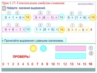 Найдите значения выражений.
МАТЕМАТИКА
9 + (1 + 6) =9 + 1 + 6 =
4
9 + (6 – 1) =
9 + 1 – 6 =1 + (9 + 6) =9 + 6 – 1 =
Прочитайте выражения с равными значениями.
ПРОВЕРЬ!
Урок 1.17. Сочетательное свойство сложения
 