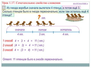 Из гнезда воробья сначала вылетели 4 птенца, а потом ещѐ 3.
Сколько птенцов было в гнезде первоначально, если там осталось ещѐ 4
птенца?
МАТЕМАТИКА
5
4 пт.
сначала потом осталось
3 пт.4 пт.
пт.
4 + 3 + 4 = 11 ( пт.)
Ответ: 11 птенцов было в гнезде первоначально.
1 способ
2 способ (4 + 3) + 4 = 11 ( пт.)
3 способ 4 + (3 + 4) = 11 ( пт.)
Урок 1.17. Сочетательное свойство сложения
 