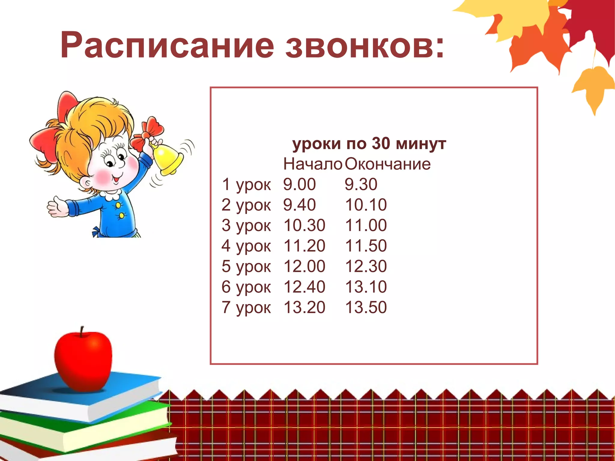 Расписание звонков:
уроки по 30 минут
НачалоОкончание
1 урок 9.00 9.30
2 урок 9.40 10.10
3 урок 10.30 11.00
4 урок 11.20 11.50
5 урок 12.00 12.30
6 урок 12.40 13.10
7 урок 13.20 13.50
 