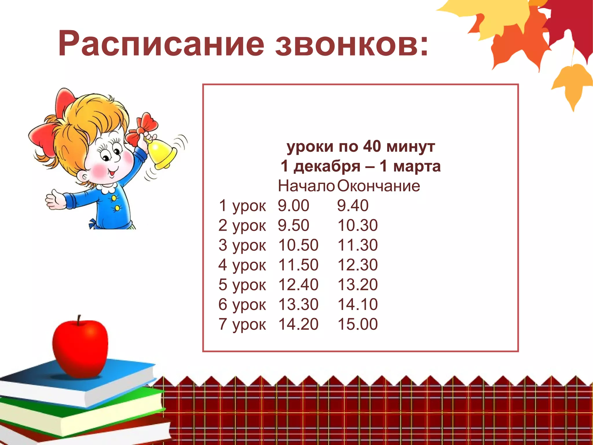 Расписание звонков:
уроки по 40 минут
1 декабря – 1 марта
НачалоОкончание
1 урок 9.00 9.40
2 урок 9.50 10.30
3 урок 10.50 11.30
4 урок 11.50 12.30
5 урок 12.40 13.20
6 урок 13.30 14.10
7 урок 14.20 15.00
 