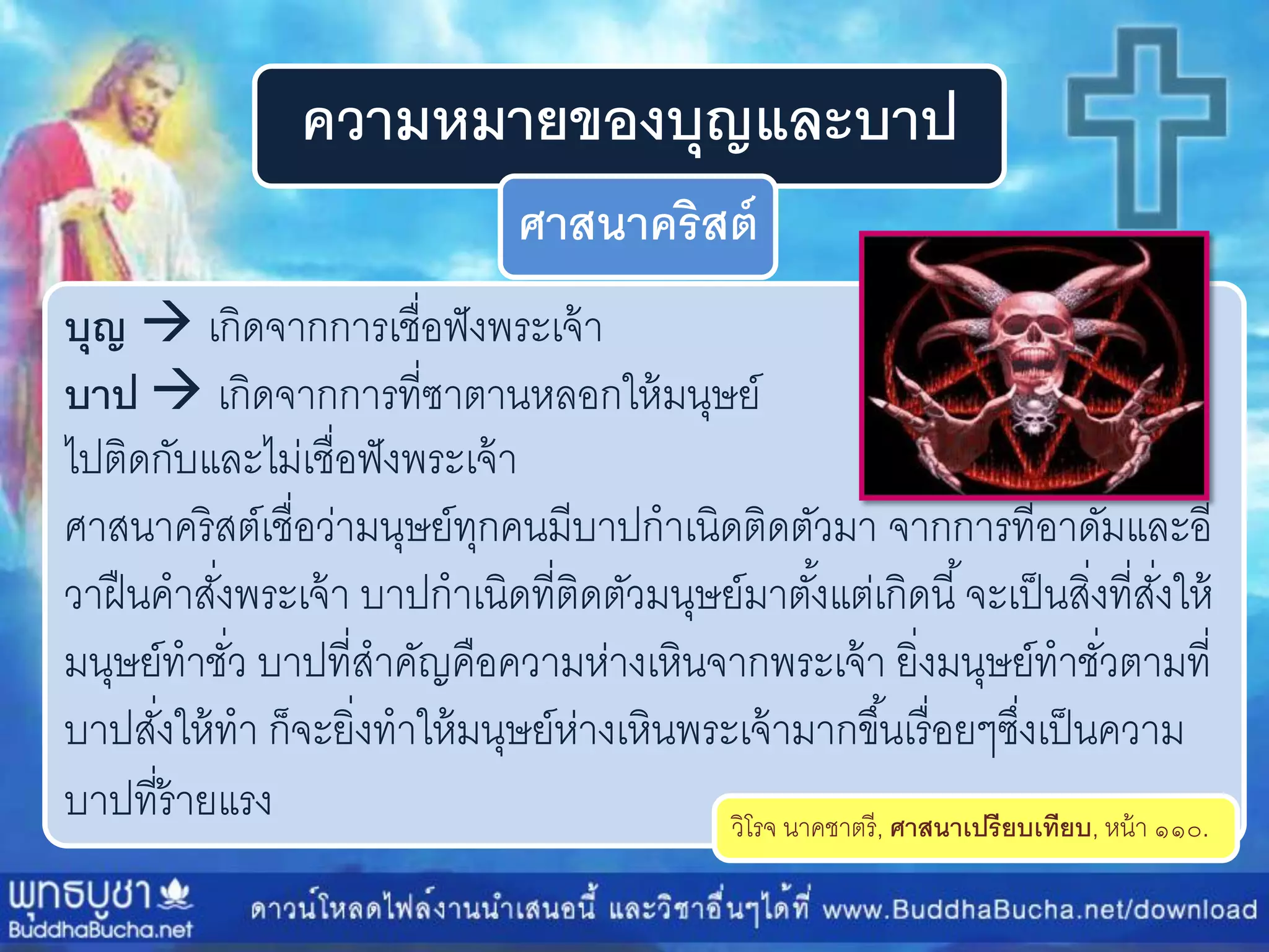ความหมายของบุญและบาป
ศาสนาคริสต์
บุญ  เกิดจำกกำรเชื่อฟังพระเจ้ำ
บาป  เกิดจำกกำรที่ซำตำนหลอกให้มนุษย์
ไปติดกับและไม่เชื่อฟังพระเจ้ำ
ศำสนำคริสต์เชื่อว่ำมนุษย์ทุกคนมีบำปกำเนิดติดตัวมำ จำกกำรที่อำดัมและอี
วำฝืนคำสั่งพระเจ้ำ บำปกำเนิดที่ติดตัวมนุษย์มำตั้งแต่เกิดนี้จะเป็นสิ่งที่สั่งให้
มนุษย์ทำชั่ว บำปที่สำคัญคือควำมห่ำงเหินจำกพระเจ้ำ ยิ่งมนุษย์ทำชั่วตำมที่
บำปสั่งให้ทำ ก็จะยิ่งทำให้มนุษย์ห่ำงเหินพระเจ้ำมำกขึ้นเรื่อยๆซึ่งเป็นควำม
บำปที่ร้ำยแรง วิโรจ นำคชำตรี, ศาสนาเปรียบเทียบ, หน้ำ ๑๑๐.
 