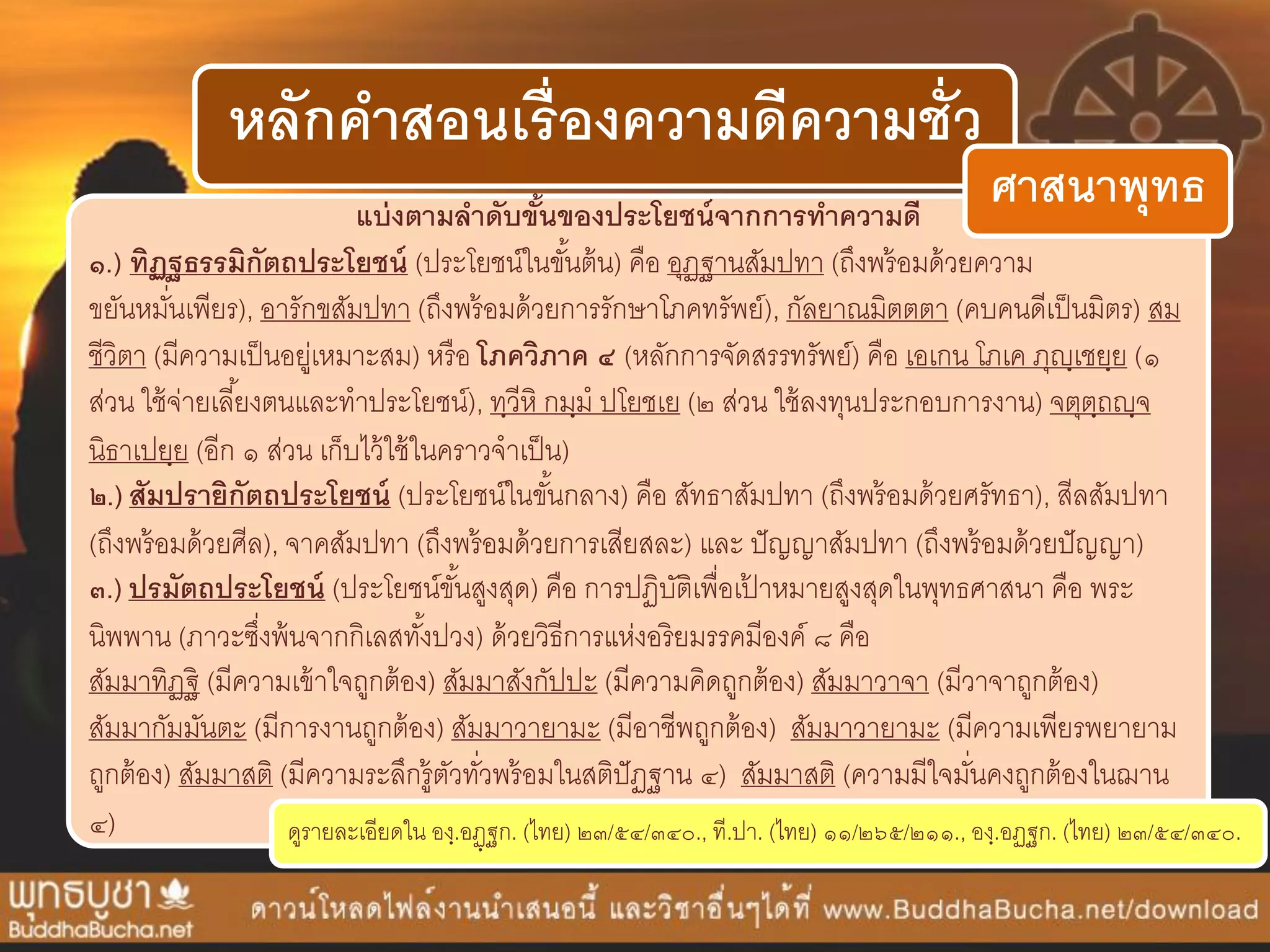 หลักคาสอนเรื่องความดีความชั่ว
แบ่งตามลาดับขั้นของประโยชน์จากการทาความดี
๑.) ทิฏฐธรรมิกัตถประโยชน์ (ประโยชน์ในขั้นต้น) คือ อุฏฐำนสัมปทำ (ถึงพร้อมด้วยควำม
ขยันหมั่นเพียร), อำรักขสัมปทำ (ถึงพร้อมด้วยกำรรักษำโภคทรัพย์), กัลยำณมิตตตำ (คบคนดีเป็นมิตร) สม
ชีวิตำ (มีควำมเป็นอยู่เหมำะสม) หรือ โภควิภาค ๔ (หลักกำรจัดสรรทรัพย์) คือ เอเกน โภเค ภุญฺเชยฺย (๑
ส่วน ใช้จ่ำยเลี้ยงตนและทำประโยชน์), ทฺวีหิ กมฺม ปโยชเย (๒ ส่วน ใช้ลงทุนประกอบกำรงำน) จตุตฺถญฺจ
นิธำเปยฺย (อีก ๑ ส่วน เก็บไว้ใช้ในครำวจำเป็น)
๒.) สัมปรายิกัตถประโยชน์ (ประโยชน์ในขั้นกลำง) คือ สัทธำสัมปทำ (ถึงพร้อมด้วยศรัทธำ), สีลสัมปทำ
(ถึงพร้อมด้วยศีล), จำคสัมปทำ (ถึงพร้อมด้วยกำรเสียสละ) และ ปัญญำสัมปทำ (ถึงพร้อมด้วยปัญญำ)
๓.) ปรมัตถประโยชน์ (ประโยชน์ขั้นสูงสุด) คือ กำรปฏิบัติเพื่อเป้ ำหมำยสูงสุดในพุทธศำสนำ คือ พระ
นิพพำน (ภำวะซึ่งพ้นจำกกิเลสทั้งปวง) ด้วยวิธีกำรแห่งอริยมรรคมีองค์ ๘ คือ
สัมมำทิฏฐิ (มีควำมเข้ำใจถูกต้อง) สัมมำสังกัปปะ (มีควำมคิดถูกต้อง) สัมมำวำจำ (มีวำจำถูกต้อง)
สัมมำกัมมันตะ (มีกำรงำนถูกต้อง) สัมมำวำยำมะ (มีอำชีพถูกต้อง) สัมมำวำยำมะ (มีควำมเพียรพยำยำม
ถูกต้อง) สัมมำสติ (มีควำมระลึกรู้ตัวทั่วพร้อมในสติปัฏฐำน ๔) สัมมำสติ (ควำมมีใจมั่นคงถูกต้องในฌำน
๔) ดูรำยละเอียดใน องฺ.อฏฺฐก. (ไทย) ๒๓/๕๔/๓๔๐., ที.ปำ. (ไทย) ๑๑/๒๖๕/๒๑๑., องฺ.อฏฐก. (ไทย) ๒๓/๕๔/๓๔๐.
ศาสนาพุทธ
 