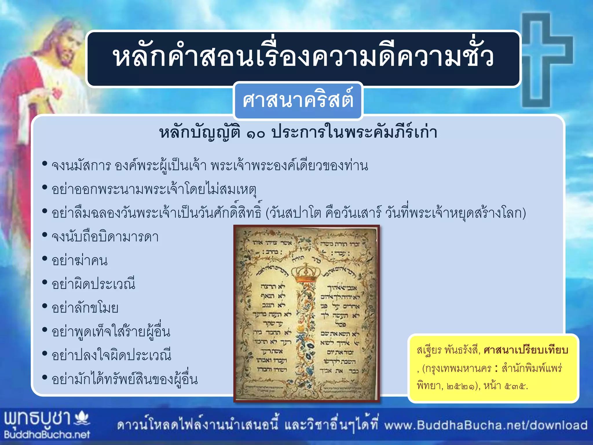 หลักคาสอนเรื่องความดีความชั่ว
หลักบัญญัติ ๑๐ ประการในพระคัมภีร์เก่า
• จงนมัสกำร องค์พระผู้เป็นเจ้ำ พระเจ้ำพระองค์เดียวของท่ำน
• อย่ำออกพระนำมพระเจ้ำโดยไม่สมเหตุ
• อย่ำลืมฉลองวันพระเจ้ำเป็นวันศักดิ์สิทธิ์ (วันสปำโต คือวันเสำร์ วันที่พระเจ้ำหยุดสร้ำงโลก)
• จงนับถือบิดำมำรดำ
• อย่ำฆ่ำคน
• อย่ำผิดประเวณี
• อย่ำลักขโมย
• อย่ำพูดเท็จใส่ร้ำยผู้อื่น
• อย่ำปลงใจผิดประเวณี
• อย่ำมักได้ทรัพย์สินของผู้อื่น
สเฐียร พันธรังสี, ศาสนาเปรียบเทียบ
, (กรุงเทพมหำนคร : สำนักพิมพ์แพร่
พิทยำ, ๒๕๒๑), หน้ำ ๕๓๕.
ศาสนาคริสต์
 