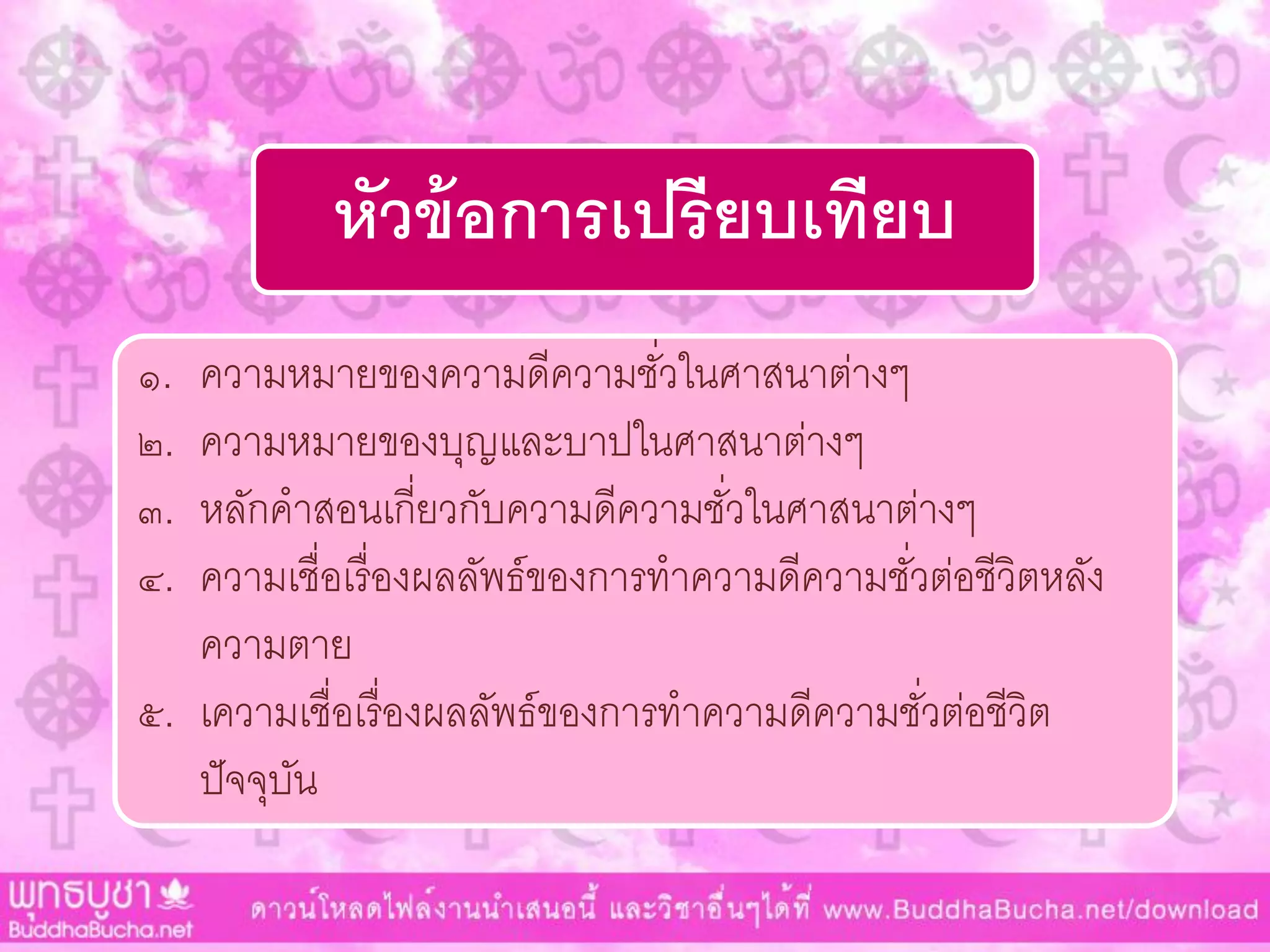 หัวข้อการเปรียบเทียบ
๑. ควำมหมำยของควำมดีควำมชั่วในศำสนำต่ำงๆ
๒. ควำมหมำยของบุญและบำปในศำสนำต่ำงๆ
๓. หลักคำสอนเกี่ยวกับควำมดีควำมชั่วในศำสนำต่ำงๆ
๔. ควำมเชื่อเรื่องผลลัพธ์ของกำรทำควำมดีควำมชั่วต่อชีวิตหลัง
ควำมตำย
๕. เควำมเชื่อเรื่องผลลัพธ์ของกำรทำควำมดีควำมชั่วต่อชีวิต
ปัจจุบัน
 