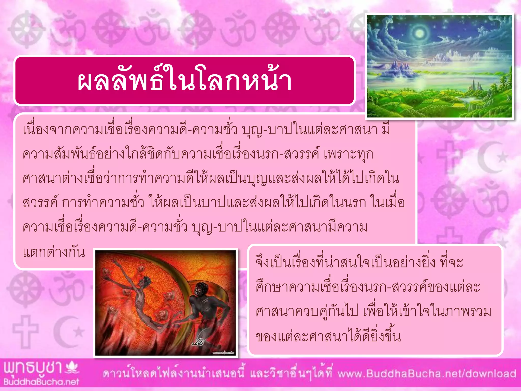 ผลลัพธ์ในโลกหน้า
เนื่องจำกควำมเชื่อเรื่องควำมดี-ควำมชั่ว บุญ-บำปในแต่ละศำสนำ มี
ควำมสัมพันธ์อย่ำงใกล้ชิดกับควำมเชื่อเรื่องนรก-สวรรค์ เพรำะทุก
ศำสนำต่ำงเชื่อว่ำกำรทำควำมดีให้ผลเป็นบุญและส่งผลให้ได้ไปเกิดใน
สวรรค์ กำรทำควำมชั่ว ให้ผลเป็นบำปและส่งผลให้ไปเกิดในนรก ในเมื่อ
ควำมเชื่อเรื่องควำมดี-ควำมชั่ว บุญ-บำปในแต่ละศำสนำมีควำม
แตกต่ำงกัน
จึงเป็นเรื่องที่น่ำสนใจเป็นอย่ำงยิ่ง ที่จะ
ศึกษำควำมเชื่อเรื่องนรก-สวรรค์ของแต่ละ
ศำสนำควบคู่กันไป เพื่อให้เข้ำใจในภำพรวม
ของแต่ละศำสนำได้ดียิ่งขึ้น
 