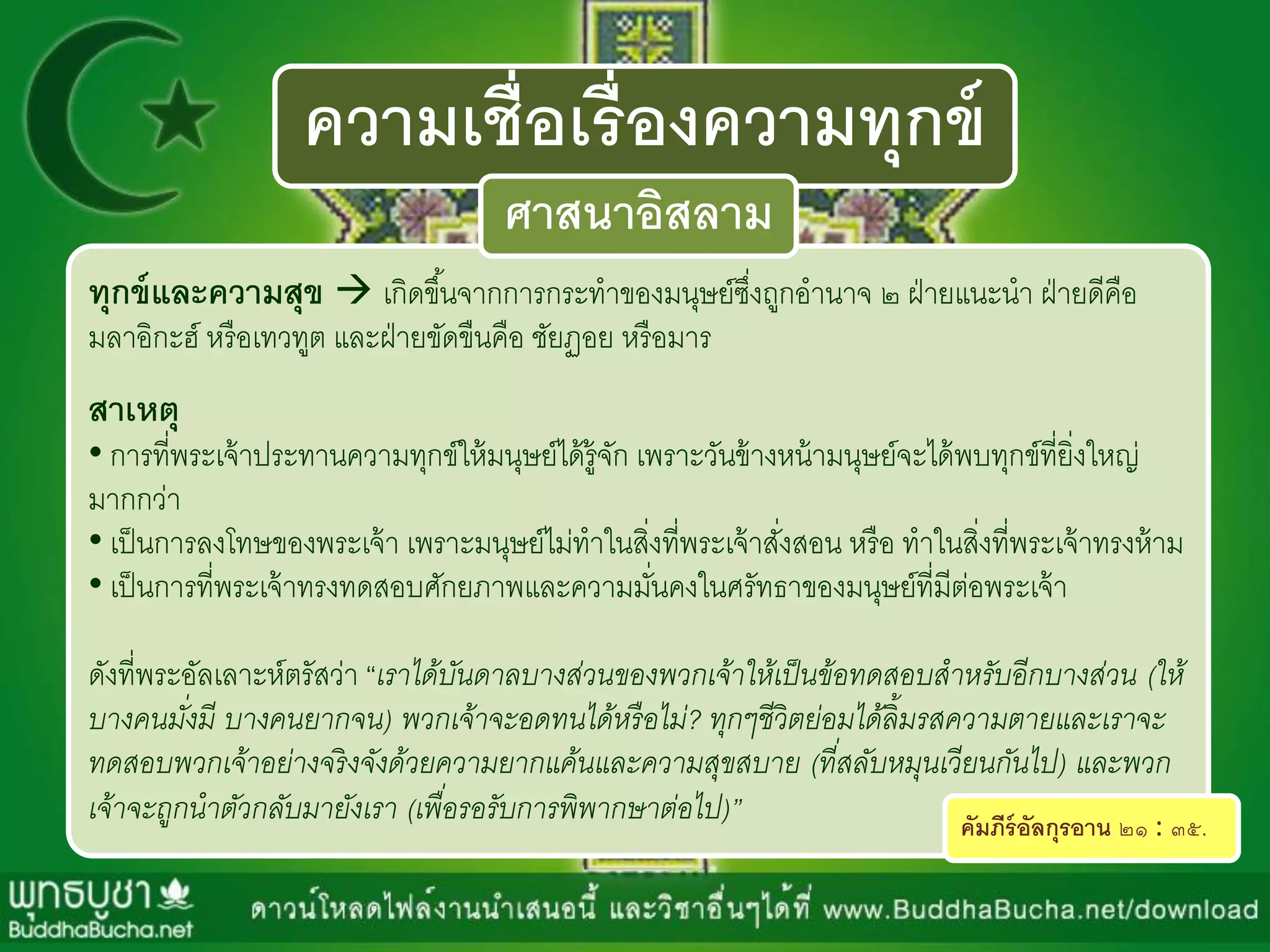 ความเชื่อเรื่องความทุกข์
ทุกข์และความสุข  เกิดขึ้นจำกกำรกระทำของมนุษย์ซึ่งถูกอำนำจ ๒ ฝ่ำยแนะนำ ฝ่ำยดีคือ
มลำอิกะฮ์ หรือเทวทูต และฝ่ำยขัดขืนคือ ชัยฏอย หรือมำร
สาเหตุ
• กำรที่พระเจ้ำประทำนควำมทุกข์ให้มนุษย์ได้รู้จัก เพรำะวันข้ำงหน้ำมนุษย์จะได้พบทุกข์ที่ยิ่งใหญ่
มำกกว่ำ
• เป็นกำรลงโทษของพระเจ้ำ เพรำะมนุษย์ไม่ทำในสิ่งที่พระเจ้ำสั่งสอน หรือ ทำในสิ่งที่พระเจ้ำทรงห้ำม
• เป็นกำรที่พระเจ้ำทรงทดสอบศักยภำพและควำมมั่นคงในศรัทธำของมนุษย์ที่มีต่อพระเจ้ำ
ดังที่พระอัลเลำะห์ตรัสว่ำ “เรำได้บันดำลบำงส่วนของพวกเจ้ำให้เป็นข้อทดสอบสำหรับอีกบำงส่วน (ให้
บำงคนมั่งมี บำงคนยำกจน) พวกเจ้ำจะอดทนได้หรือไม่? ทุกๆชีวิตย่อมได้ลิ้มรสควำมตำยและเรำจะ
ทดสอบพวกเจ้ำอย่ำงจริงจังด้วยควำมยำกแค้นและควำมสุขสบำย (ที่สลับหมุนเวียนกันไป) และพวก
เจ้ำจะถูกนำตัวกลับมำยังเรำ (เพื่อรอรับกำรพิพำกษำต่อไป)” คัมภีร์อัลกุรอาน ๒๑ : ๓๕.
ศาสนาอิสลาม
 