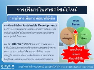การบริหารในศาสตร์สมัยใหม่
การบริหารเพื่อการพัฒนาที่ยั่งยืน
การพัฒนาที่ยั่งยืน (Sustainable Development)
คือ “การกระการพัฒนาที่สามารถตอบสนองความต้องการของ
คนรุ่นปัจจุบัน โดยไม่มีผลกระทบในทางลบต่อความต้องการ
ของคนรุ่นต่อไปในอนาคต”
บาเบียร์ (Barbier,1987) ได้เสนอว่า การพัฒนา แบบ
ยั่งยืนเป็นรูปแบบการพัฒนาที่สามารถตอบสนองต่อเป้ าหมาย
ของระบบ 3 ระบบด้วยกันคือ ระบบทางชีววิทยา ระบบ
เศรษฐกิจ และระบบสังคม โดยที่แต่ละระบบสามารถพัฒนา
ไปสู่เป้ าหมายของตนเองได้ โดยรักษาสมดุลของกันและกัน
ระบบ
ชีวภาพ
ระบบ
สังคม
ระบบ
เศรษฐกิจ
การบริหาร
เพื่อการ
พัฒนาที่ยั่งยืน
 