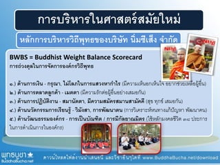 การบริหารในศาสตร์สมัยใหม่
หลักการบริหารวิถีพุทธของบริษัท นิ่มซีเส็ง จากัด
BWBS = Buddhist Weight Balance Scorecard
การถ่วงดุลในการจัดการองค์กรวิถีพุทธ
๑.) ด้านการเงิน - กรุณา, ไม่โลภในการแสวงหากาไร (มีความเห็นอกเห็นใจ อยากช่วยเหลือผู้อื่น)
๒.) ด้านการตลาดลูกค้า - เมตตา (มีความรักต่อผู้อื่นอย่างเสมอกัน)
๓.) ด้านการปฏิบัติงาน - สมานัตตา, มีความสมัครสมานสามัคคี (สุข ทุกข์ เสมอกัน)
๔.) ด้านนวัตกรรมการเรียนรู้ - วิมังสา, การพัฒนาตน (การวิเคราะห์หนทางแก้ปัญหา พัฒนาคน)
๕.) ด้านวัฒนธรรมองค์กร - การเป็นบัณฑิต / การมีกัลยาณมิตร (ใช้หลักมงคลชีวิต ๓๘ ประการ
ในการดาเนินการในองค์กร)
 