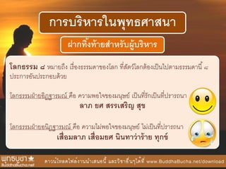 การบริหารในพุทธศาสนา
ฝากทิ้งท้ายสาหรับผู้บริหาร
โลกธรรม ๘ หมายถึง เรื่องธรรมดาของโลก ที่สัตว์โลกต้องเป็นไปตามธรรมดานี้๘
ประการอันประกอบด้วย
โลกธรรมฝ่ายอิฏฐารมณ์ คือ ความพอใจของมนุษย์ เป็นที่รักเป็นที่ปรารถนา
ลาภ ยศ สรรเสริญ สุข
โลกธรรมฝ่ายอนิฏฐารมณ์ คือ ความไม่พอใจของมนุษย์ ไม่เป็นที่ปรารถนา
เสื่อมลาภ เสื่อมยศ นินทาว่าร้าย ทุกข์
 