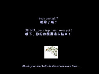 Seen enough ?
ˆ ?
OH NOyour trip aint over yet !
Ŷó߀hδY
Check your seat belts fastened one more time.
 