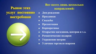 Вот всего лишь несколько
направлений:
 Дни рождения
 Праздники
 Свадьбы
 Презентации
 Корпоративы
 Открытия магазинов, центров и т.д.
 Романтические подарки
 Украшение витрин
 Уличная торговля шарами
 