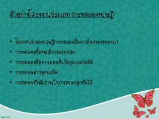 ตัวอย่างโครงงานประเภท การทดลองทฤษฎี
• โครงงานจาลองทฤษฎีการทดลองเรื่องการไหลของของเหลว
• การทดลองเรื่องพฤติกรรมของปลา
• การทดลองเรื่องการมองเห็นวัตถุแบบสามมิติ
• การทดลองการจุดระเบิด
• การทดลองปัจจัยต่างๆ ในการเพาะปลูกต้นไม้
 