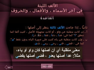 ‫اللينة‬ ‫اللف‬
‫والحروف‬ ، ‫والفعال‬ ، ‫السماء‬ ‫آخر‬ ‫في‬
‫جاءت‬ ‫إذا‬ ‫ـ‬ ‫ثاعنيا‬‫اللف‬‫ثالثة‬: ‫أصلها‬ ‫إلى‬ ‫ينظر‬
‫كما‬ ‫ألفا‬ ‫كتبت‬ ، ‫الصل‬ ‫مجهولة‬ ‫كاعنت‬ ‫أو‬ ، ‫واو‬ ‫عن‬ ‫منقلبة‬ ‫كاعنت‬ ‫إن‬ ‫ـ‬ ‫أ‬
 ‫تنطق‬‫ا‬‫عد‬ :‫في‬ ‫كما‬ ‫ا‬‫دع‬ ‫ـ‬‫ا‬‫عف‬ ‫ـ‬‫ا‬‫عل‬ ‫ـ‬‫ا‬‫ذر‬ .‫ا‬.
 ‫عنقط‬ ‫بدون‬ ‫الياء‬ ‫صورة‬ ‫على‬ ‫كتبت‬ ‫ياء‬ ‫عن‬ ‫منقلبة‬ ‫كاعنت‬ ‫وإن‬ ‫ـ‬ ‫ب‬‫ى‬.
‫قض‬ : ‫في‬ ‫كما‬‫ى‬‫فت‬ ‫ـ‬‫ى‬‫رح‬ ‫ـ‬‫ى‬‫رم‬ ‫ـ‬‫ى‬‫مد‬ُ‫ع‬ ‫ـ‬‫ى‬.
‫الرئيسة‬ ‫القائمة‬
،‫ياء‬ ‫أو‬ ‫واو‬ ‫كان‬ ‫أصلها‬ ‫أن‬ ‫أي‬ ‫منقلبة‬ ‫معنى‬
‫عد‬ : ‫الع‬ً:  ‫مث‬‫ا‬‫يعد‬ ‫أصلها‬‫و‬‫قض‬ ،‫ى‬‫يقض‬ ‫أصلها‬‫ي‬
‫تتمة‬
 