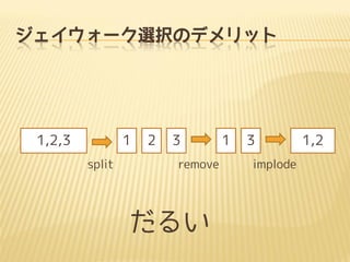 ジェイウォーク選択のデメリット
1,2,3 1 2 3 1 3 1,2
split remove implode
だるい
 