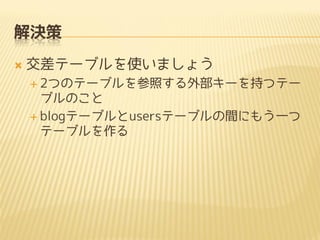 解決策
 交差テーブルを使いましょう
 2つのテーブルを参照する外部キーを持つテー
ブルのこと
 blogテーブルとusersテーブルの間にもう一つ
テーブルを作る
 