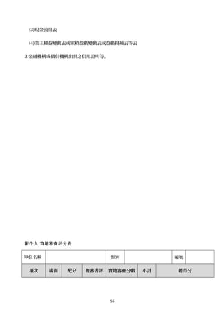 (3)現金流量表
(4)業主權益變動表或累積盈虧變動表或盈虧撥補表等表
3.金融機構或徵信機構出具之信用證明等。
附件九 實地審 評分表查
單位名稱 類別 編號
項次 構面 配分 複審書評 實地審 分數查 小計 總得分
56
 