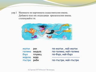 Ц.Гергова ОУ"Н.Рилски" Велинград
упр.1 Напишете по картинката съществителни имена.
Добавете към тях подходящи прилагателни имена.
степенувайте ги.
рак
медуза
плувец
вода
риби
малък
голяма
бърз
морска
пъстри
по-малък , най-малък
по-голяма, най-голяма
по-бърз, най-бърз
----------------------------
по-пъстри, най-пъстри
 
