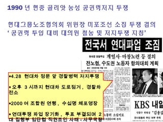 1990 년 현중 골리앗 농성 공권력저지 투쟁
현대그룹노조협의회 위원장 미포조선 소집 투쟁 결의
‘ 공권력 투입 대비 대의원 철농 및 저지투쟁 지침’
●4.28 현대차 정문 앞 경찰병력 저지투쟁
● 오후 3 시까지 현대차 도로점거 , 경찰차
전소
●2000 여 조합원 연행 , 수십명 체포영장
● 연대투쟁 파업 장기화 , 투표 부결되며 2
대 집행부 임단협 직권조인 사태 - 사무국장
 