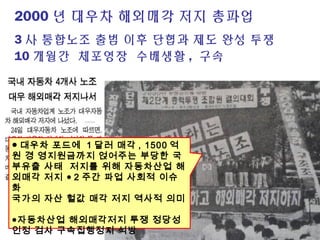2000 년 대우차 해외매각 저지 총파업
3 사 통합노조 출범 이후 단협과 제도 완성 투쟁
10 개월간 체포영장 수배생활  , 구속
● 대우차 포드에 1 달러 매각 , 1500 억
원 경 영지원금까지 얹어주는 부당한 국
부유출 사태 저지를 위해 자동차산업 해
외매각 저지 ● 2 주간 파업 사회적 이슈
화
국가의 자산 헐값 매각 저지 역사적 의미
●자동차산업 해외매각저지 투쟁 정당성
인정 검사 구속집행정지 석방
 
