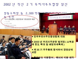 2002 년 직선 2 기 우리사주조합장 당선
정몽구회장 등 2,300 억원 손해배상 주주대표 소
송 추진
● 전국우리사주조합연합회 대표
● 2003 년 우리사주관련 법개정 ( 소득공
제 한도 확대 및 배당과세특례 )
● 제 35 기 주주총회 참석하여 경영상태
비판
● 현대카드 지분참여 , 해비치 지분 매각
 