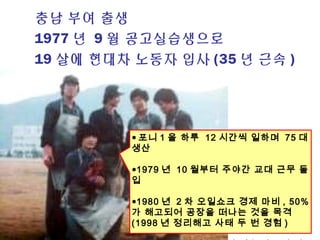 충남 부여 출생
1977 년 9 월 공고실습생으로
19 살에 현대차 노동자 입사 (35 년 근속 )
● 포니 1 을 하루 12 시간씩 일하며 75 대
생산
●1979 년 10 월부터 주야간 교대 근무 돌
입
●1980 년 2 차 오일쇼크 경제 마비 , 50%
가 해고되어 공장을 떠나는 것을 목격
(1998 년 정리해고 사태 두 번 경험 )
 