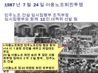 1987 년 7 월 24 일 어용노조퇴진투쟁
민주노조 건설 임시집행부 조직부장
임시집행부와 함께 12 인 대책위 선발 됨
● 어용노조퇴진 민주노조인정 협상 참여
●14 시 1 공장 라인을 세우고 파업대오
주도
25 일 어용노조 퇴진 승리 후 집단 이동
하부영 집에서 2 박 3 일 합숙 , 민주노
조 건설
● 어용노조 정 00 위원장 퇴진 하부영이
담판
 