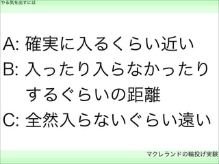 A: 確実に入るくらい近い
B: 入ったり入らなかったり
  するぐらいの距離
C: 全然入らないぐらい遠い
やる気を出すには
 
マクレランドの輪投げ実験
 
 