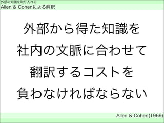 外部から得た知識を
社内の文脈に合わせて
翻訳するコストを
負わなければならない
外部の知識を取り入れる
Allen & Cohenによる解釈
Allen & Cohen(1969)
 
 