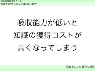 吸収能力が低いと
知識の獲得コストが
高くなってしまう
外部の知識を取り入れる
知識を取り入れる活動の必要性
投資としての魅力も減少
 
 