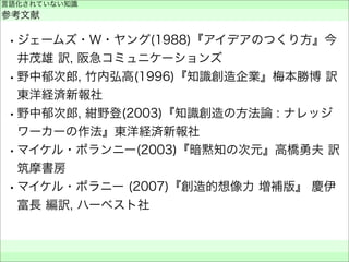 •ジェームズ・W・ヤング(1988)『アイデアのつくり方』今
井茂雄 訳, 阪急コミュニケーションズ
•野中郁次郎, 竹内弘高(1996)『知識創造企業』梅本勝博 訳
東洋経済新報社
•野中郁次郎, 紺野登(2003)『知識創造の方法論 : ナレッジ
ワーカーの作法』東洋経済新報社
•マイケル・ポランニー(2003)『暗黙知の次元』高橋勇夫 訳
筑摩書房
•マイケル・ポラニー (2007)『創造的想像力 増補版』 慶伊
富長 編訳, ハーベスト社
言語化されていない知識
参考文献
 
 
 