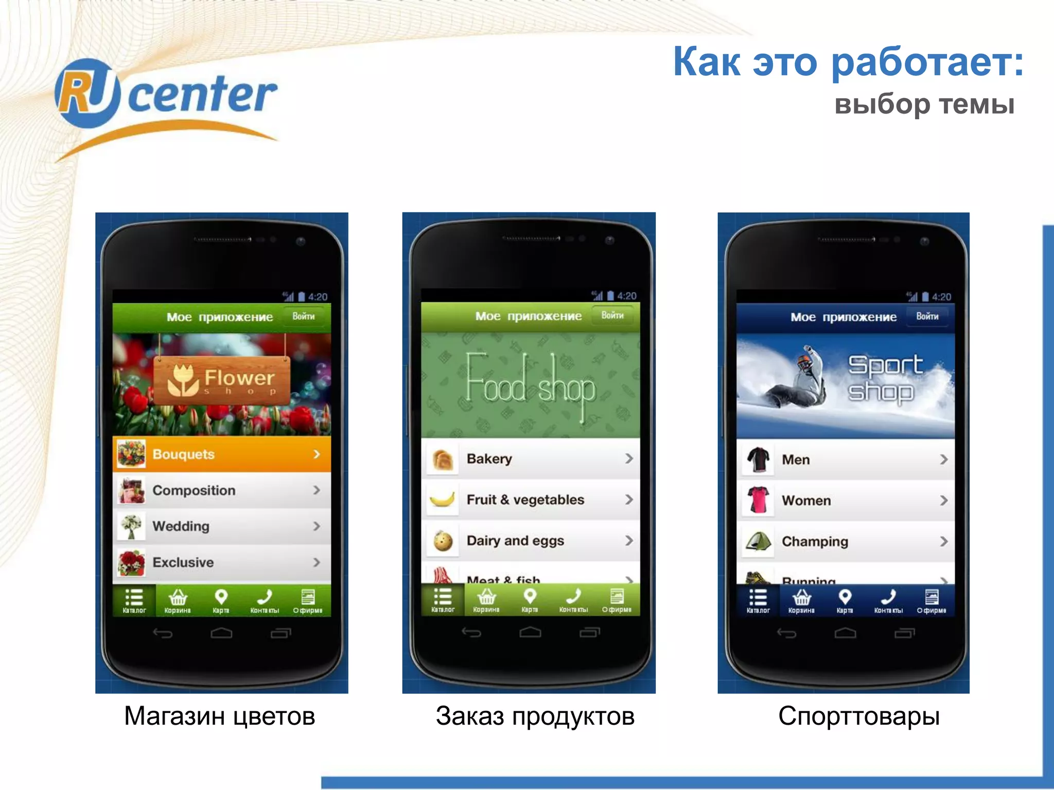 Как это работает:
выбор темы
Магазин цветов Заказ продуктов Спорттовары
 