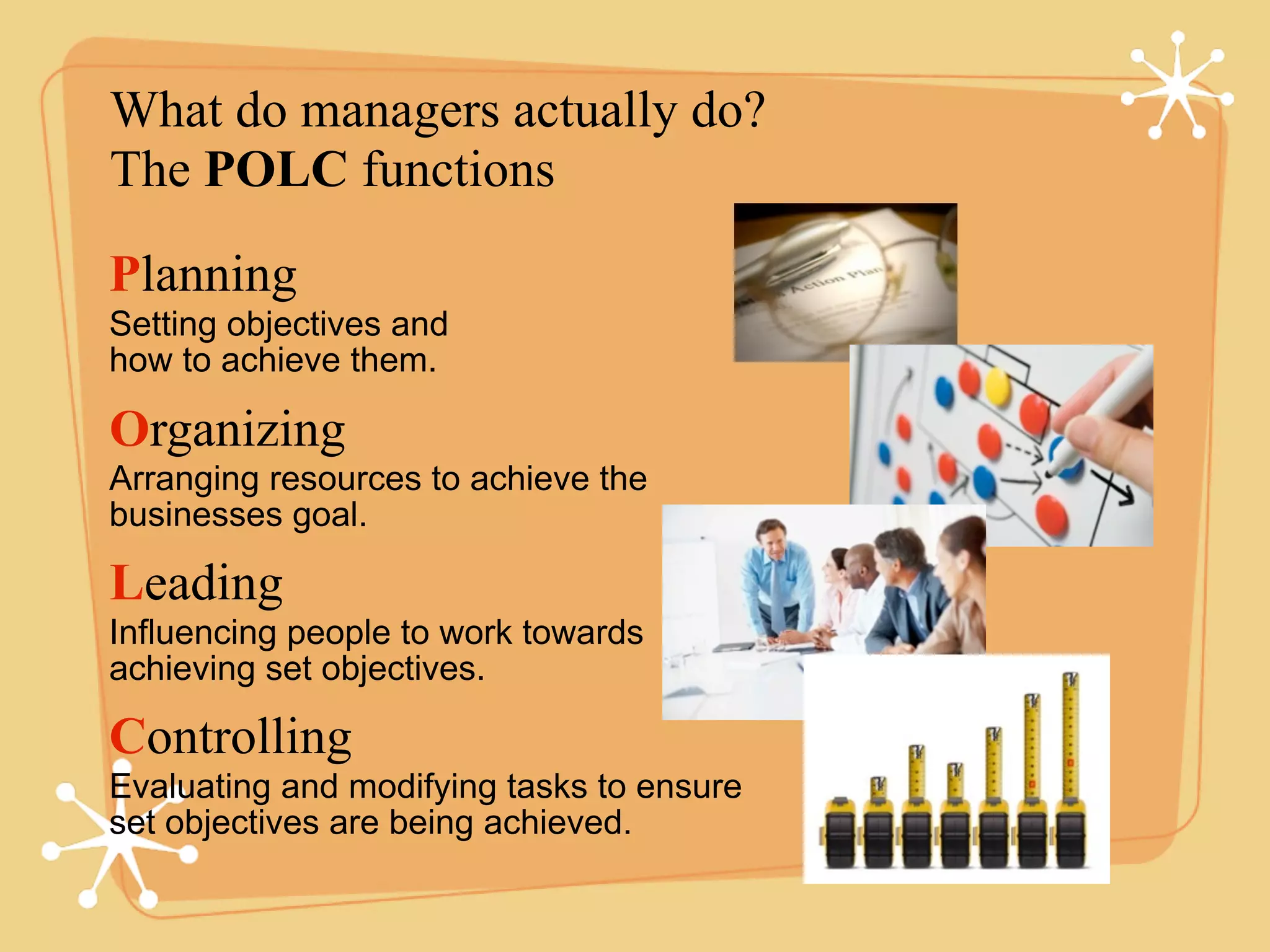 Planning
Organizing
Leading
Controlling
What do managers actually do?
The POLC functions
Setting objectives and
how to achieve them.
Arranging resources to achieve the
businesses goal.
Evaluating and modifying tasks to ensure
set objectives are being achieved.
Influencing people to work towards
achieving set objectives.
 