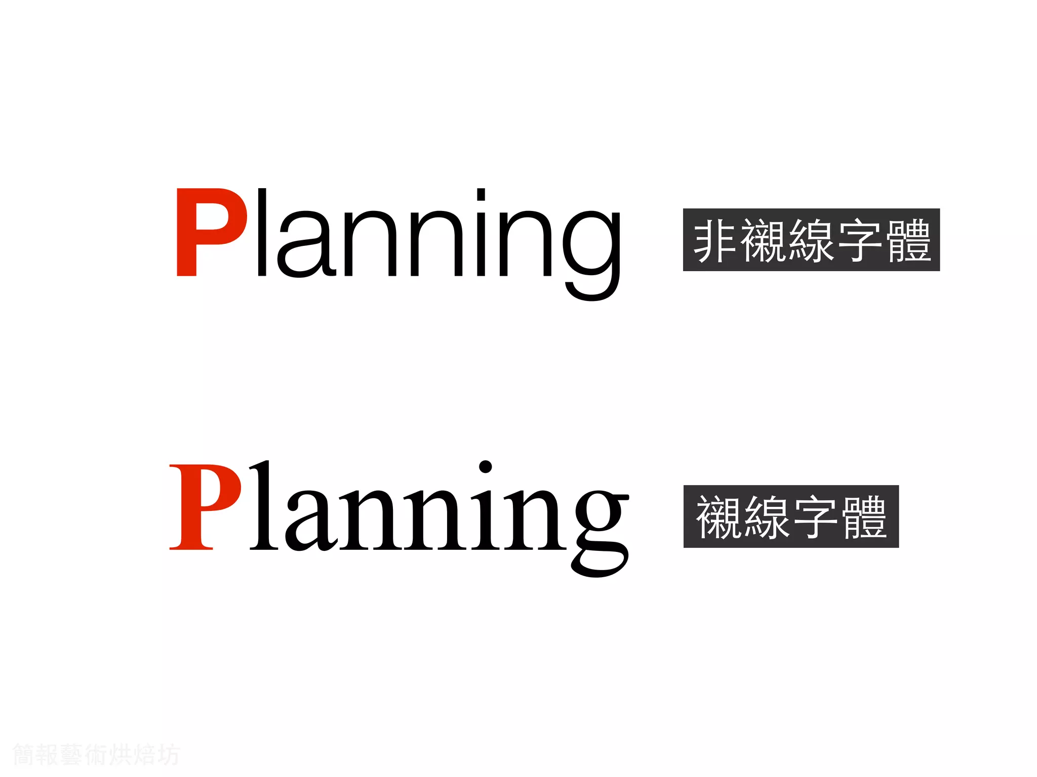 Planning
Planning
襯線字體
⾮非襯線字體
簡報藝術烘焙坊
 