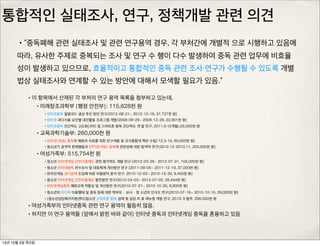통합적인 실태조사, 연구, 정책개발 관련 의견
•“중독폐해 관련 실태조사 및 관련 연구용역 경우, 각 부처간에 개별적 으로 시행하고 있음에
따라, 유사한 주제로 중복되는 조사 및 연구 수 행이 다수 발생하여 중독 관련 업무에 비효율
성이 발생하고 있으므로, 효율적이고 통합적인 중독 관련 조사・연구가 수행될 수 있도록 개별
법상 실태조사와 연계할 수 있는 방안에 대해서 모색할 필요가 있음.”
•이 항목에서 산재된 각 부처의 연구 용역 목록을 첨부하고 있는데,
•미래창조과학부 (행정 안전부): 115,628천 원
•인터넷중독 질병코드 생성 추진 방안 연구(2012-08-21~ 2012-12-19, 37,727천 원)
•인터넷 과다사용 요인별 대안활동 프로그램 개발(2009-09-29~ 2009-12-28, 22,901천 원)
•인터넷중독 진단척도 고도화(3차) 및 스마트폰 중독 진단척도 개 발 연구, 2011.6-(5개월),55,000천 원
•교육과학기술부: 260,000천 원
•인터넷(게임) 중독의 예방과 치료를 위한 연구개발 및 국가종합대 책안 수립(‘12.3-10, 60,000천 원)
•청소년기 공격적 문제행동과 인터넷(게임) 중독의 관련성에 대한 탐색적 연구(2012.12-2013.11, 200,000천 원)
•여성가족부: 515,754천 원
•청소년 인터넷게임 건전이용제도 관련 평가척도 개발 연구 (2012-03-26~ 2012-07-31, 105,000천 원)
•청소년 인터넷중독 전수조사 및 대응체계 개선방안 연구 (2011-09-05~ 2011-12-19, 37,000천 원)
•온라인게임 셧다운제 도입에 따른 비용편익 분석 연구, 2010-12-03~ 2010-12-30, 9,400천 원)
•청소년 인터넷게임 건전이용제도 발전방안 연구(2012-04-03~ 2012-07-02, 35,454천 원)
•인터넷게임중독 예방교재 적합성 및 개선방안 연구(2010-07-21~ 2010-10-20, 9,900천 원)
•청소년의 미디어 이용행태 및 중독 등에 대한 학부모ᆞ교사ᆞ청 소년의 인식도 연구(2010-07-16~ 2010-10-15, 29,000천 원)
•(청소년상담복지지원센터)청소년 스마트폰 중독 실태 및 상담.치 료 매뉴얼 개발 연구, 2013, 5 발주, 290,000천 원
•여성가족부의 인터넷중독 관련 연구 용역이 월등히 많음.
•하지만 이 연구 용역들 (앞에서 밝힌 바와 같이) 인터넷 중독과 인터넷게임 중독을 혼용하고 있음
13년 10월 3일 목요일
 