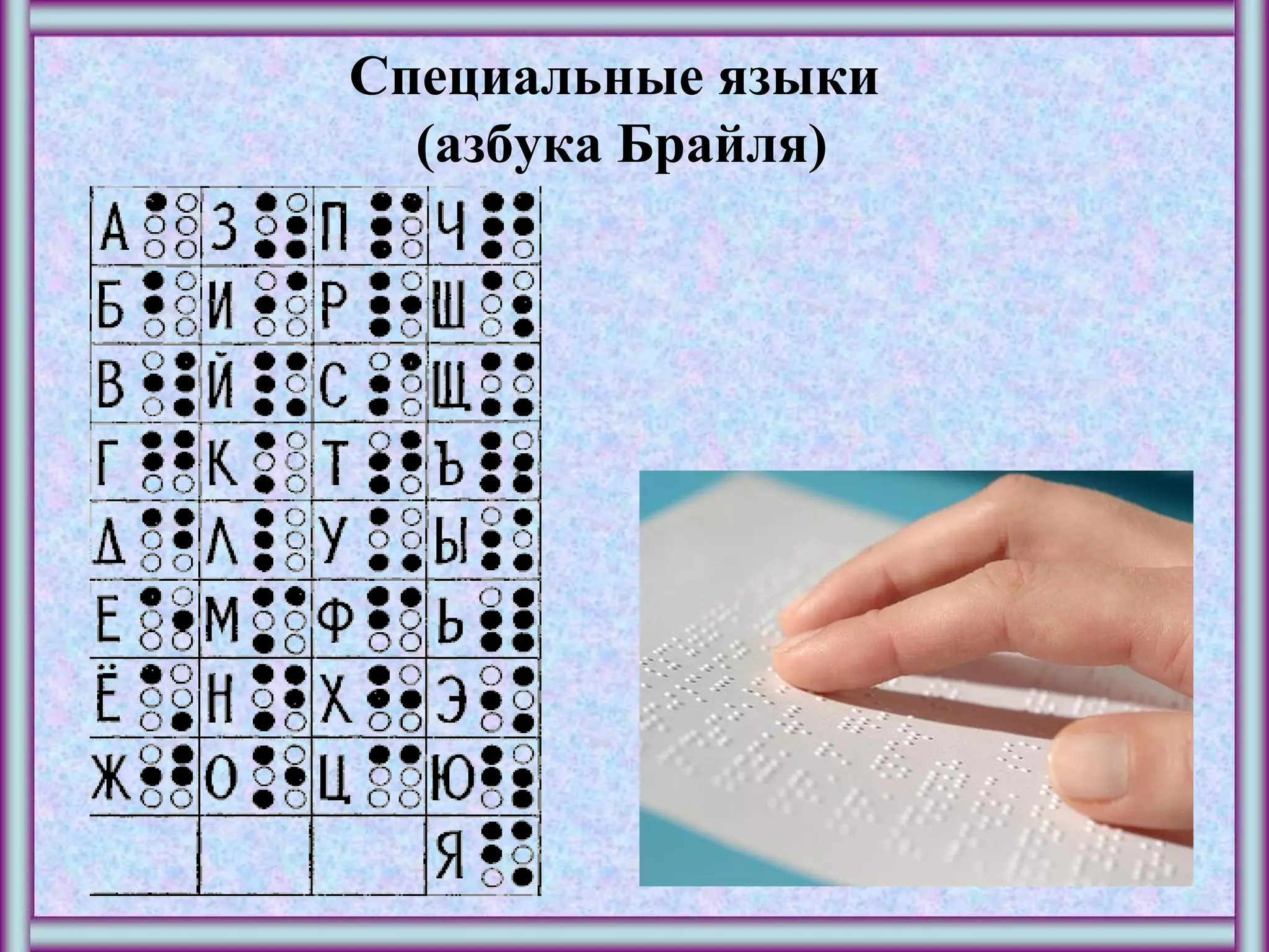 Специальные языки
(азбука Брайля)
 