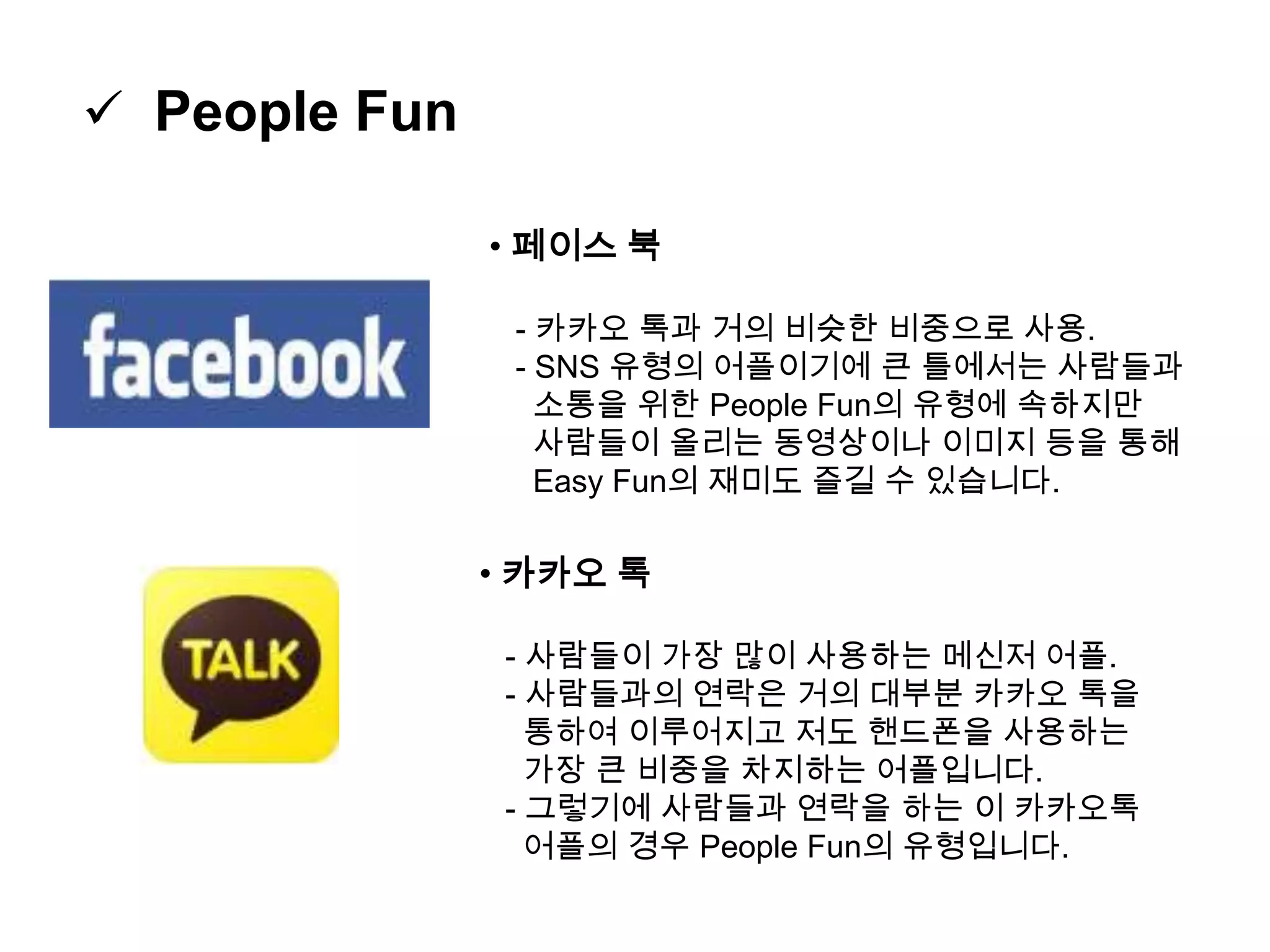  People Fun
• 페이스 북
- 카카오 톡과 거의 비슷한 비중으로 사용.
- SNS 유형의 어플이기에 큰 틀에서는 사람들과
소통을 위한 People Fun의 유형에 속하지만
사람들이 올리는 동영상이나 이미지 등을 통해
Easy Fun의 재미도 즐길 수 있습니다.
• 카카오 톡
- 사람들이 가장 많이 사용하는 메신저 어플.
- 사람들과의 연락은 거의 대부분 카카오 톡을
통하여 이루어지고 저도 핸드폰을 사용하는
가장 큰 비중을 차지하는 어플입니다.
- 그렇기에 사람들과 연락을 하는 이 카카오톡
어플의 경우 People Fun의 유형입니다.
 