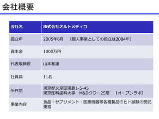 会社名 株式会社オルトメディコ
設立年 2005年6月 （個人事業としての設立は2004年）
資本金 1000万円
代表取締役 山本和雄
社員数 11名
所在地
東京都文京区湯島1-5-45
東京医科歯科大学 M&Dタワー25階 （オープンラボ）
事業内容
食品・サプリメント・医療機器等各種製品のヒト試験の受託
運営
会社概要
 