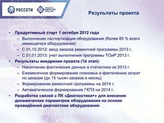 Результаты проекта
• Продуктивный старт 1 октября 2012 года
– Выполнение паспортизации оборудования (более 85 % всего
имеющегося оборудования)
– С 01.10.2012: ввод заказов ремонтной программы 2013 г.
– С 01.01.2013: учет выполнения программы ТОиР 2013 г.
• Результаты внедрения проекта (1й этап):
– Накопление фактических данных и статистики за 2013 г.
– Ежемесячное формирование плановых и фактических затрат
по заказам (до 15 тысяч заказов в месяц)
– Формирование ремонтной программы на 2014 г.
– Автоматическое формирование ГКПЗ на 2014 г.
• Разработка связей с ПК «Диагностика+» для внесения
динамических параметров оборудования на основе
проведѐнной диагностики оборудования
 